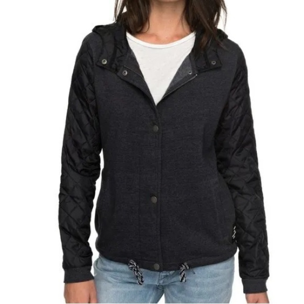 Roxy | Mixed Media Quilted Sleeve Hooded Jacket Medium Charcoal Black Snap Front